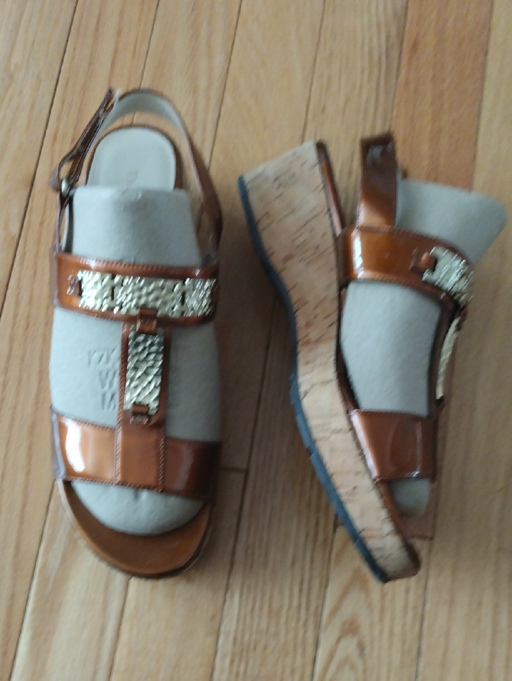 Taryn Rose Patent Leather Copper Wedge Sandals with Gold Accent